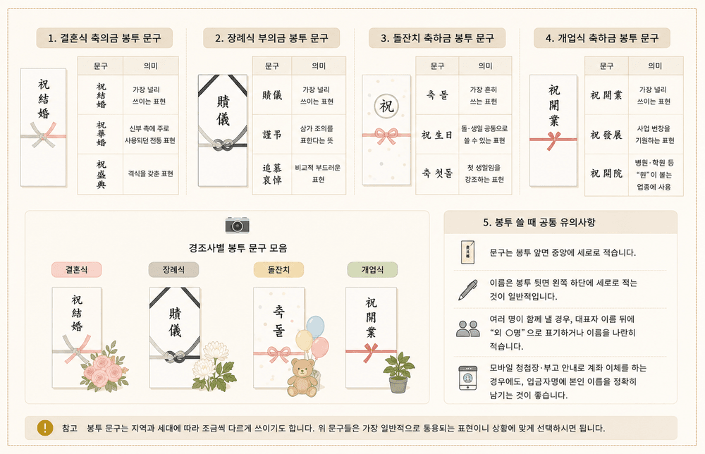 경조사별 봉투 문구를 모아 놓은 예시