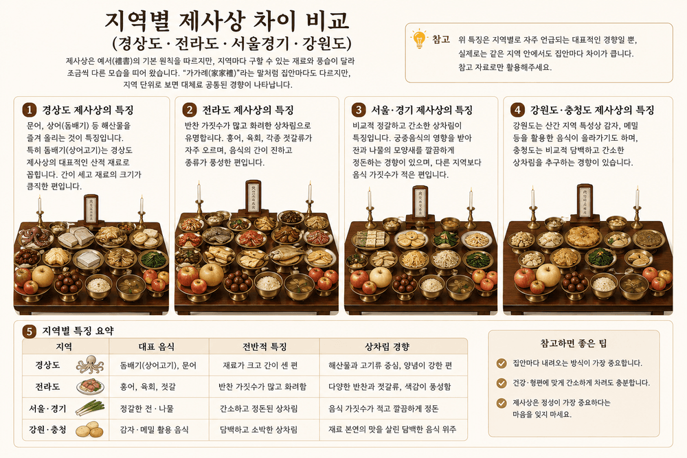 지역별 제사상 차이를 비교한 표