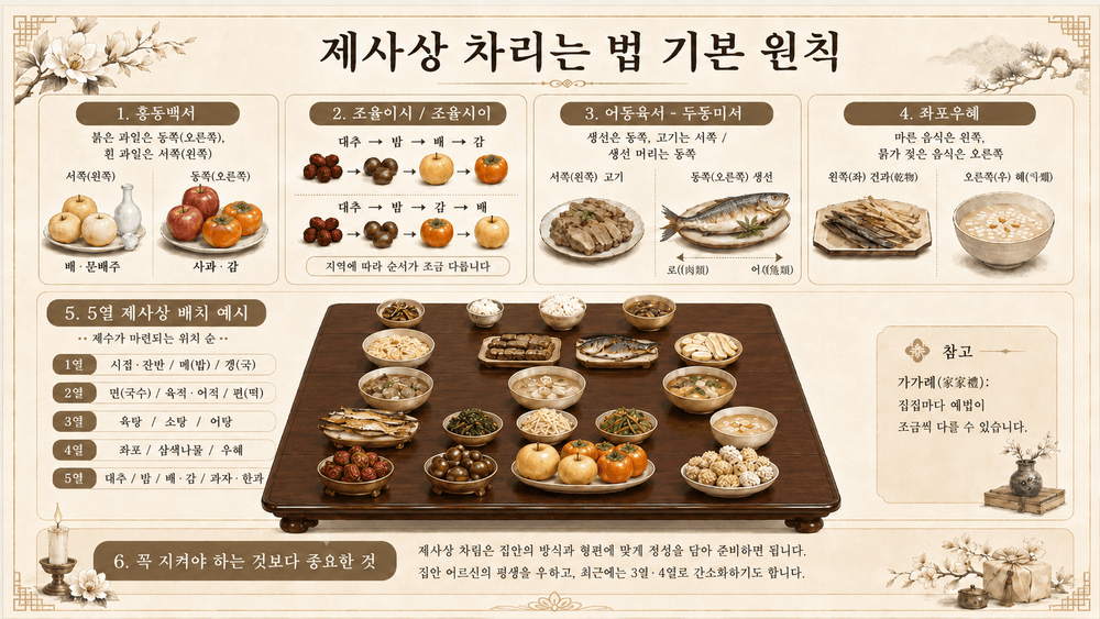 5열로 완성된 제사상 전체 모습